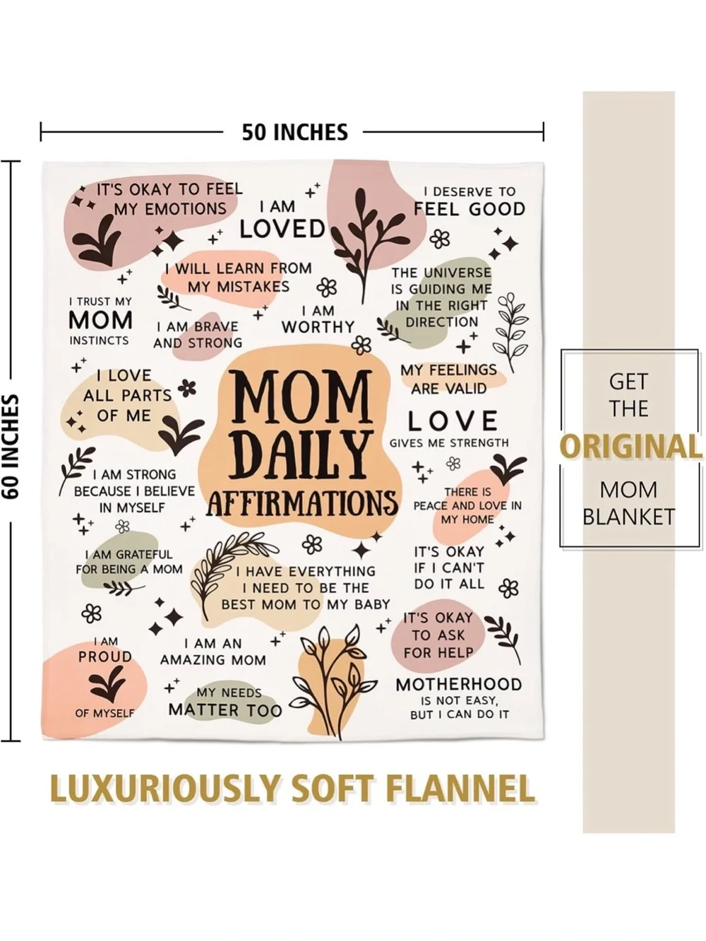 Mom Daily Affirmations Throw Blanket - White, Blush & Tan NWT